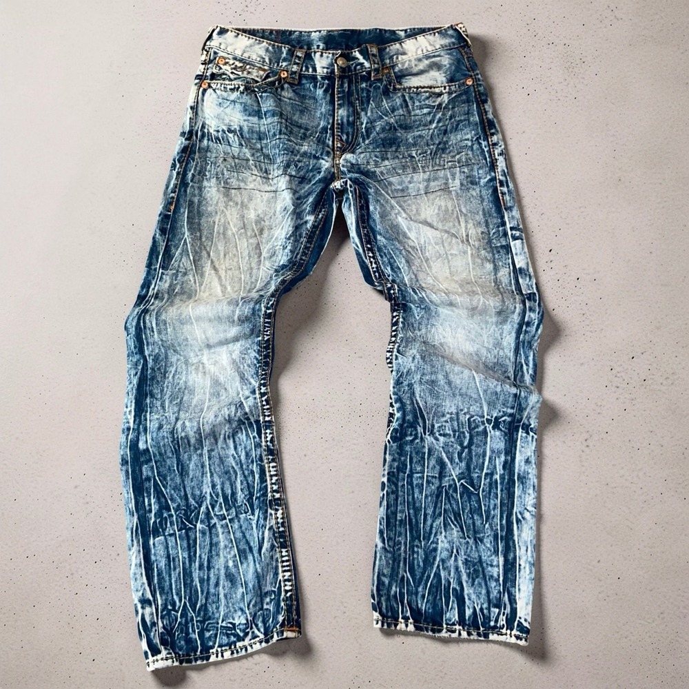 True Religion Mens 36x33 Section Straight Jeans Acid Wash Flap Pocket Denim